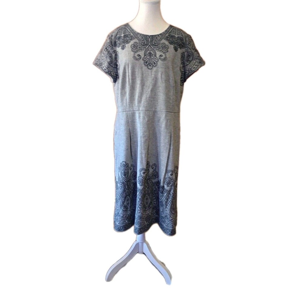 TALBOTS Sz 16 Wool Blend Gray Floral Cowl Neck Sheath Dress Classic Career